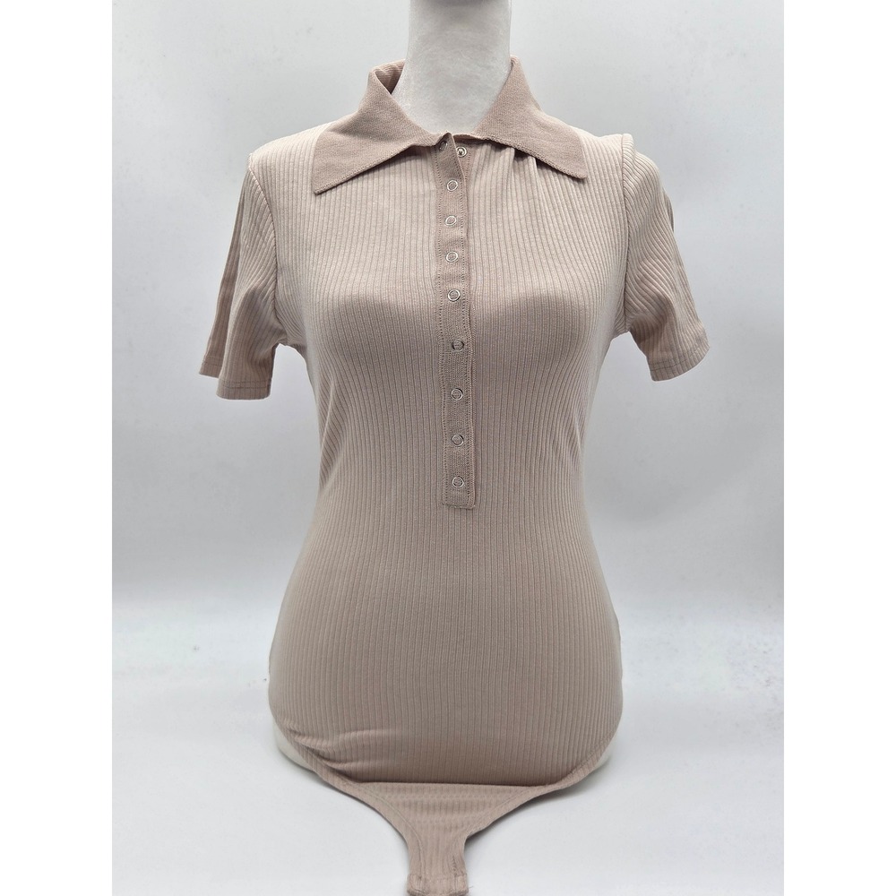 Olivaceous Women's Medium Beige Ribbed Polo Bodysuit Snap Front 101-452